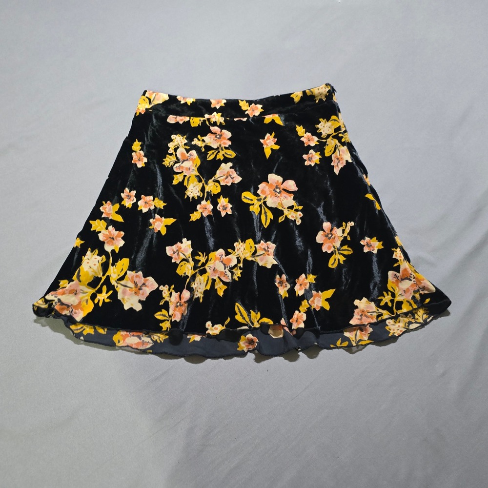Free People Mini Skirt Women 8 Black Floral Velvet A-Line OB1083179